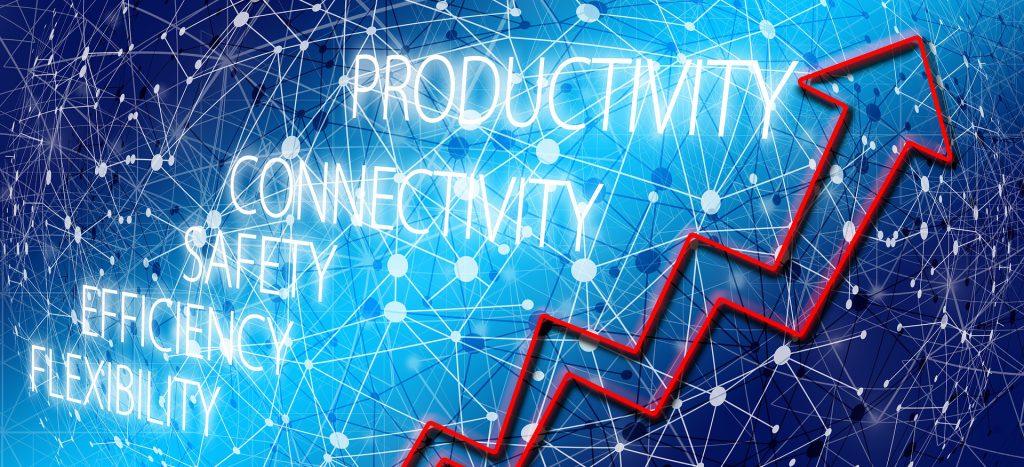 Upward trending red arrow, overlaid with keywords like Productivity, Connectivity, Safety, Efficiency, and Flexibility.