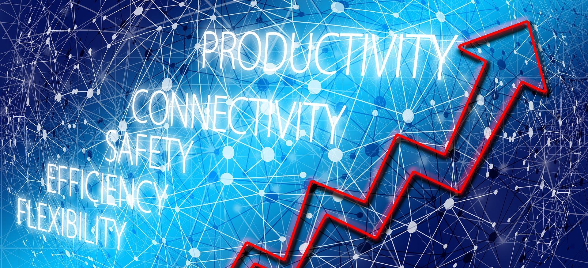 Upward trending red arrow, overlaid with keywords like Productivity, Connectivity, Safety, Efficiency, and Flexibility.