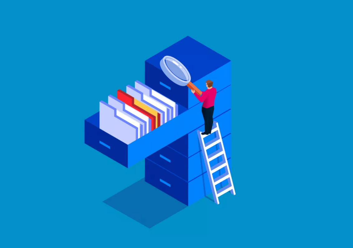 Illustration of a person searching a file cabinet with a magnifying glass, symbolizing data retrieval.