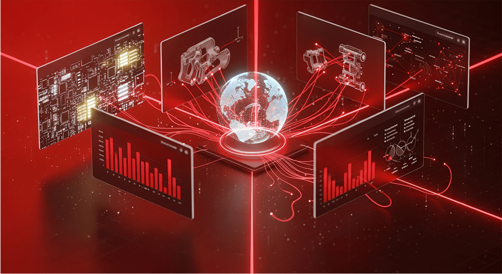 Futuristic digital globe connected to data panels showing circuit schematics, analytics graphs, and engineering diagrams, symbolizing global tech integration.