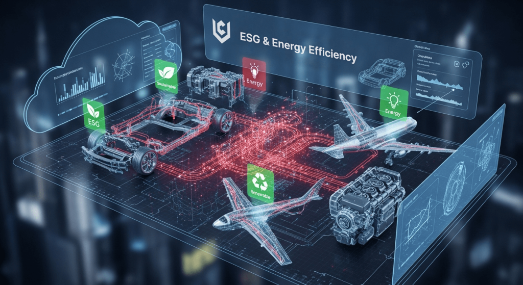 wireframe vehicle with ESG, energy, and recycling icons in a futuristic cityscape