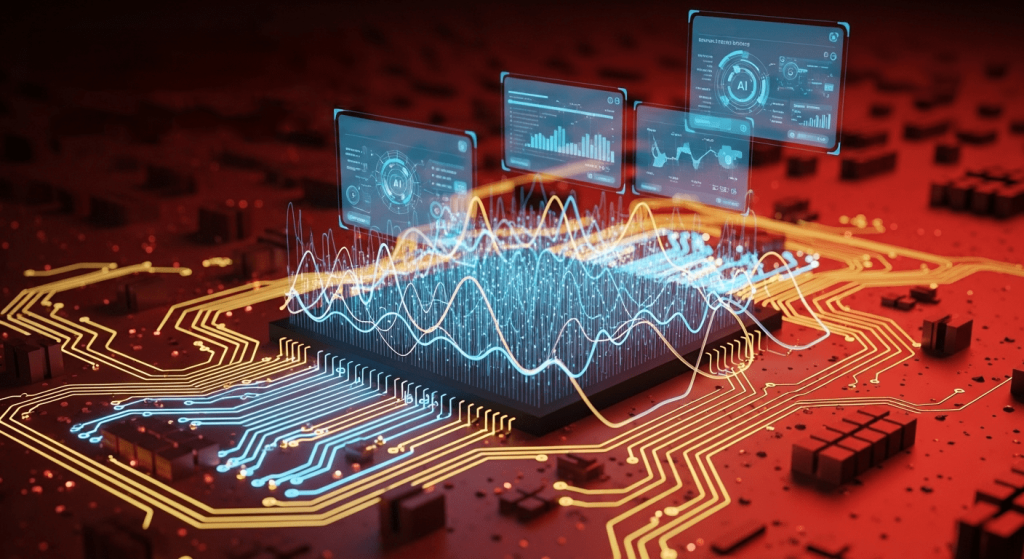 Futuristic microchip on red circuit board visualizing real-time data analytics, digital performance metrics, and holographic interfaces with glowing data lines.