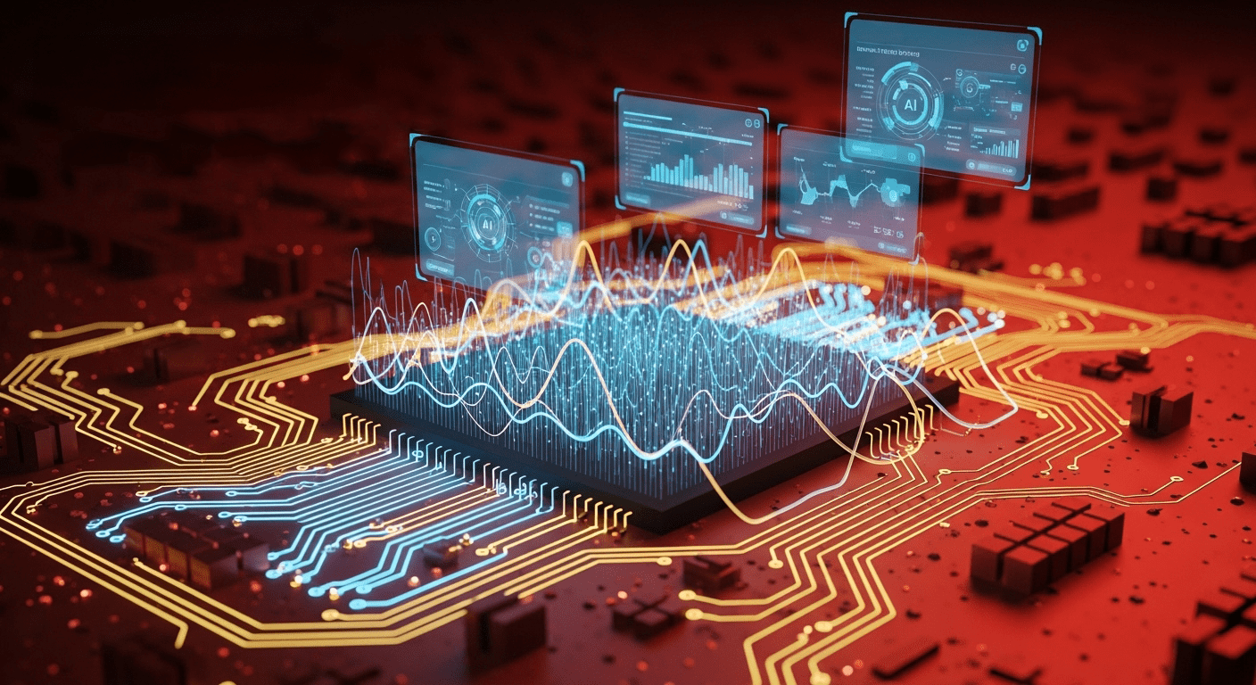 Futuristic microchip on red circuit board visualizing real-time data analytics, digital performance metrics, and holographic interfaces with glowing data lines.