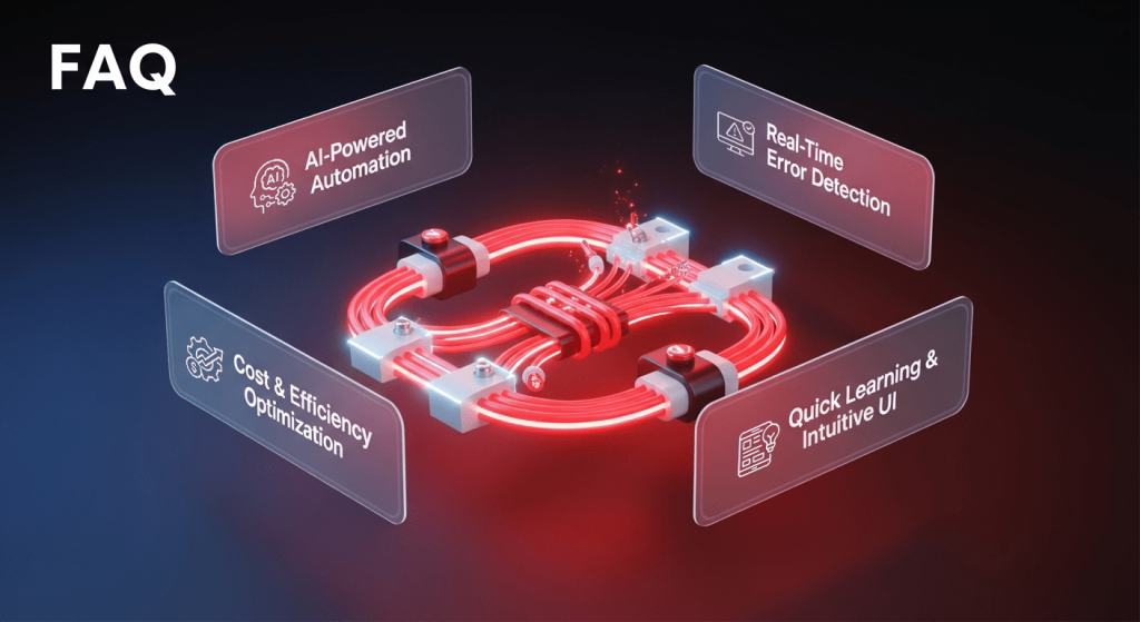 An infographic explaining FAQs about Cadvizor. It offers AI-powered automation, real-time error detection, cost and efficiency optimization, rapid learning, and an intuitive UI.