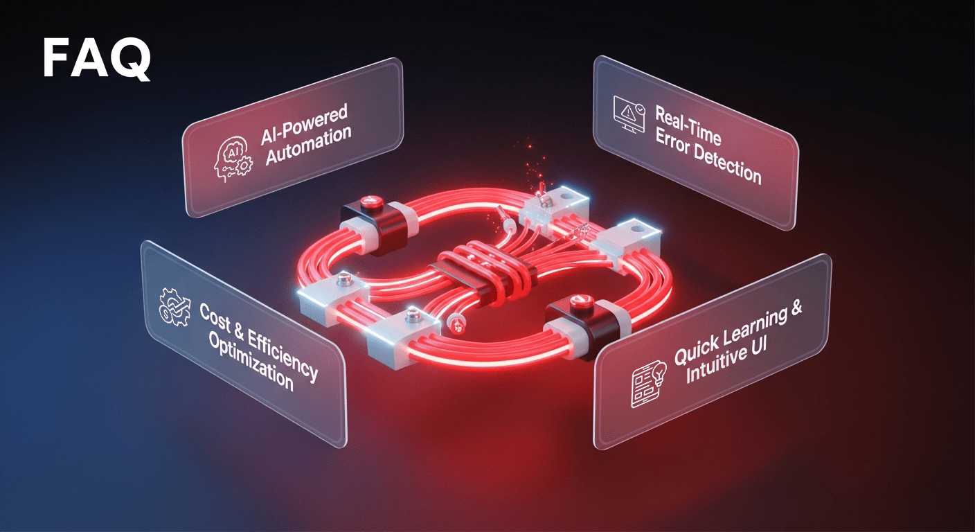 An infographic explaining FAQs about Cadvizor. It offers AI-powered automation, real-time error detection, cost and efficiency optimization, rapid learning, and an intuitive UI.