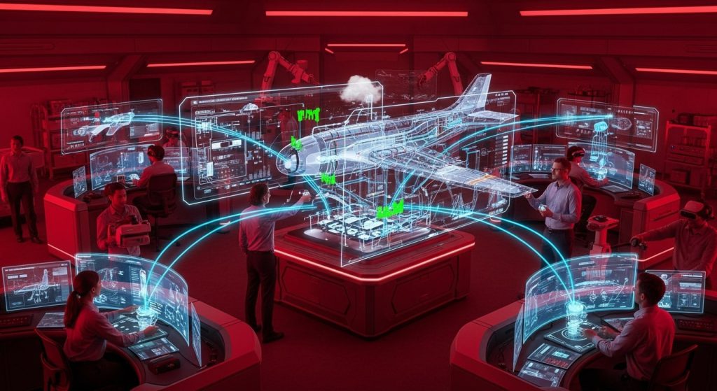 Engineers collaborating in a futuristic digital lab, interacting with a holographic airplane model and numerous interconnected screens displaying complex data.