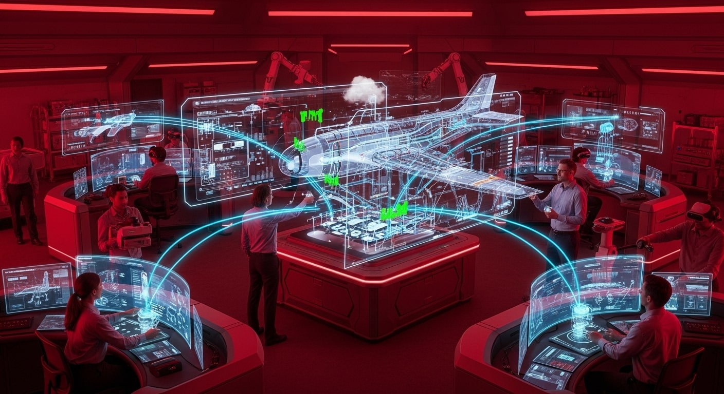 Engineers collaborating in a futuristic digital lab, interacting with a holographic airplane model and numerous interconnected screens displaying complex data.
