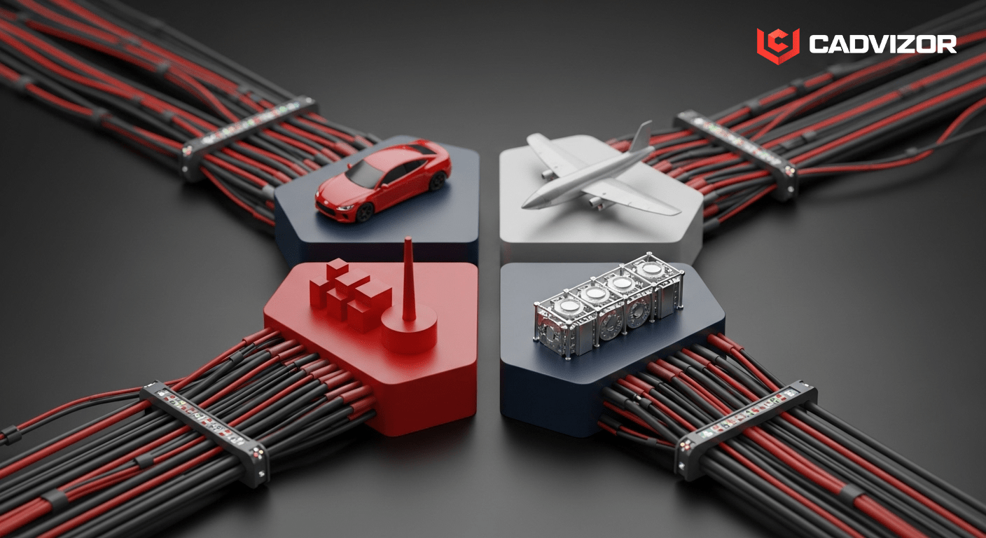 Application areas of cadvizor solutions include automobiles, aircraft, agricultural machinery, heavy equipment, and other industries connected by harness cables.